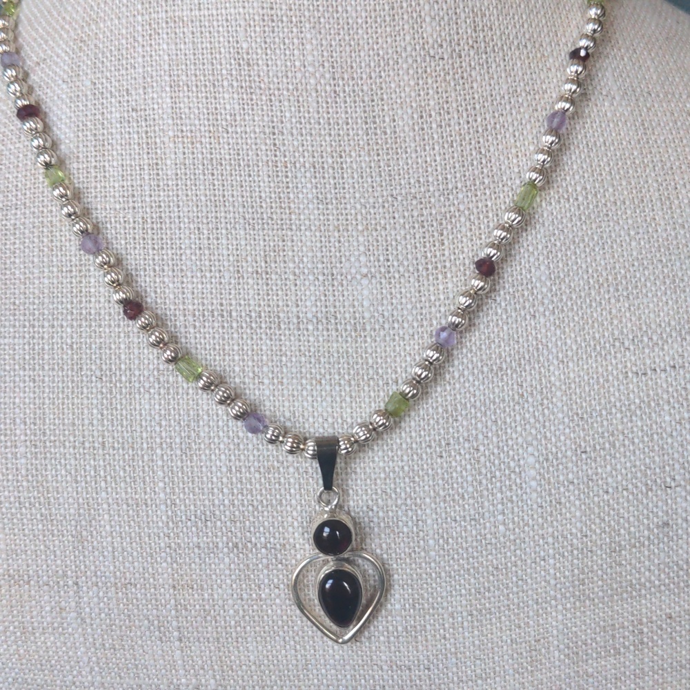 New Sterling Silver Red Garnet Pendant Necklace, Choker, Multigem Bead Chain,